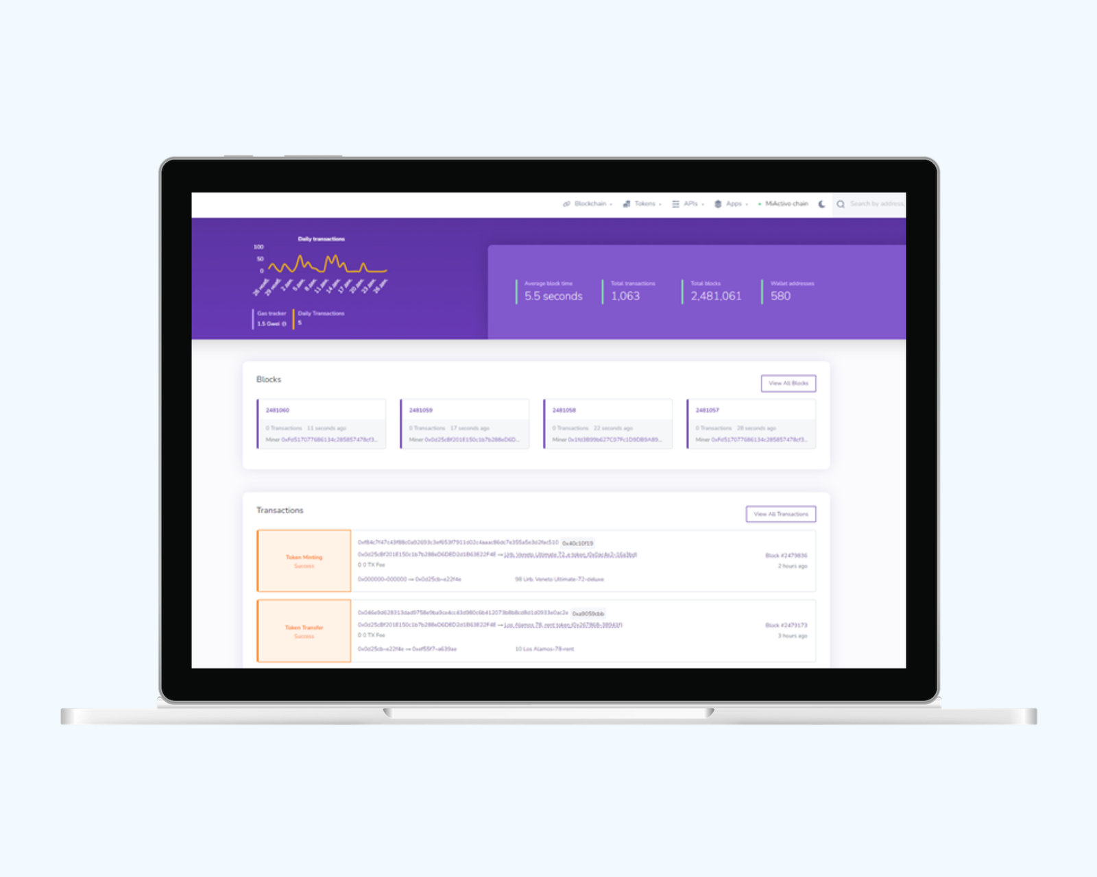 Blockchain explorer page with a daily transactions chart, network statistics, latest blocks and token transactions