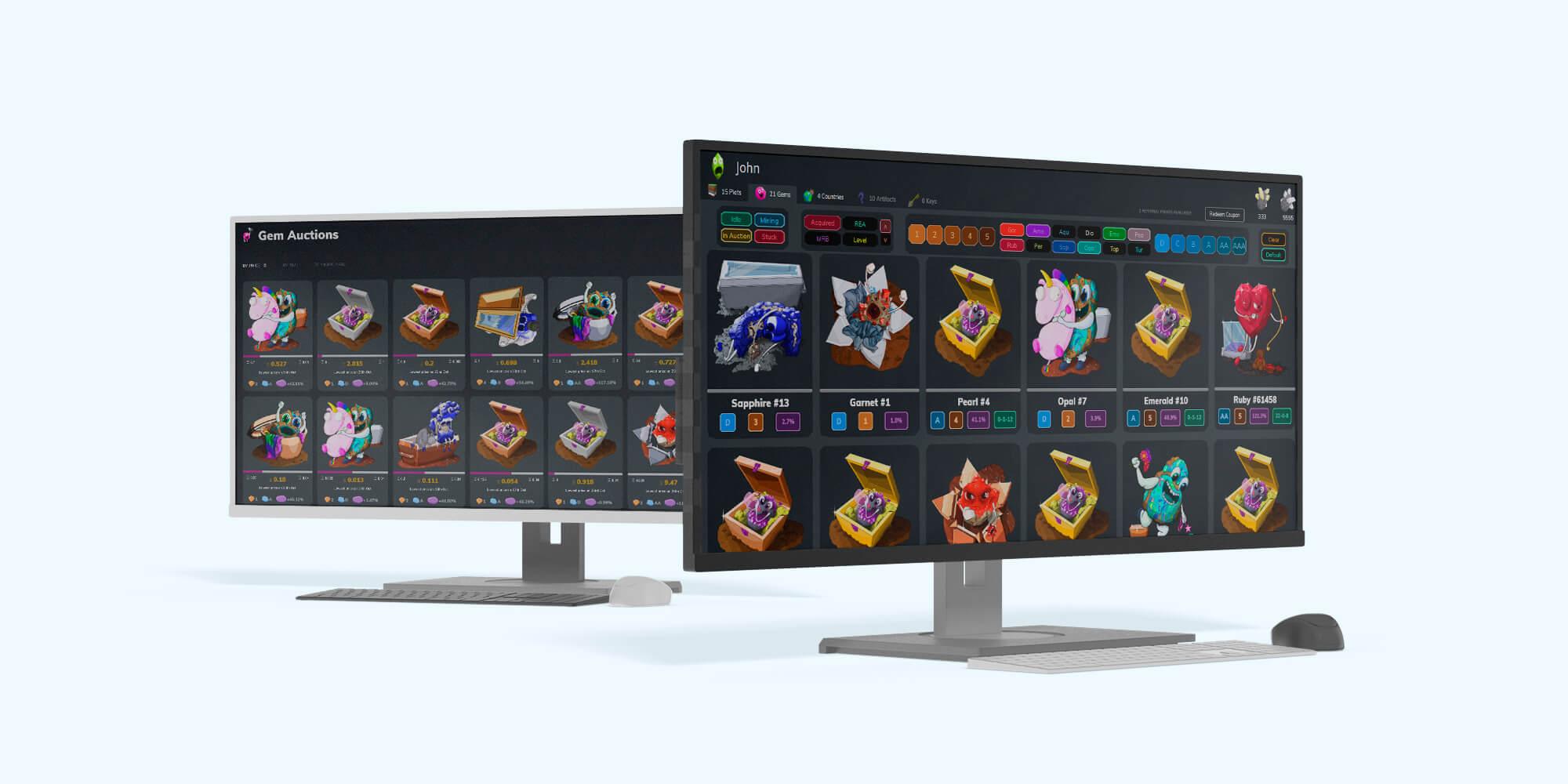 Cryptominer World en dos monitores: subastas de gemas y la colección de un jugador con cartas de gemas como Sapphire y Ruby