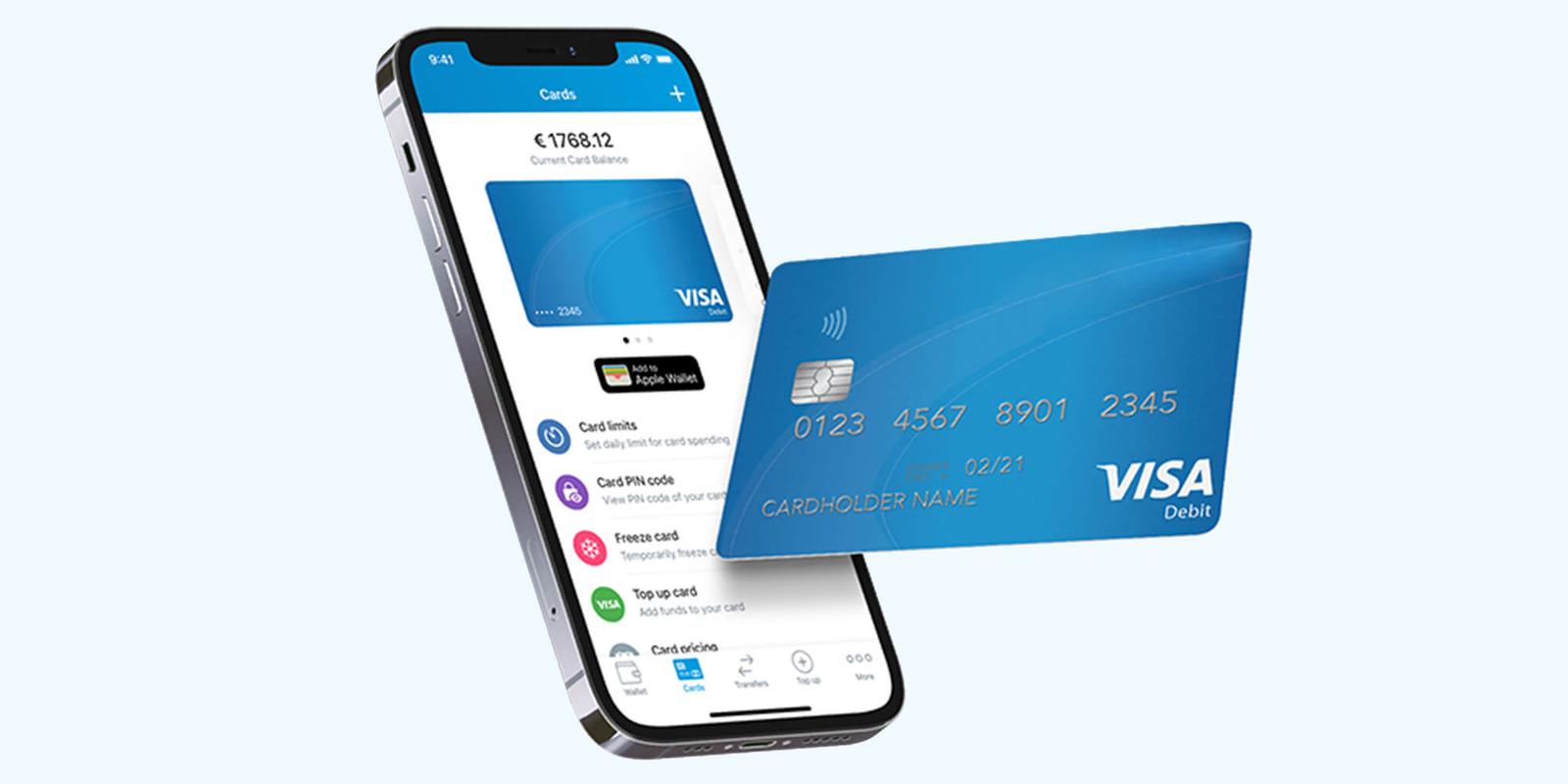 Mobile payment app cards screen beside a blue debit card, with options for limits, PIN, freezing and topping up