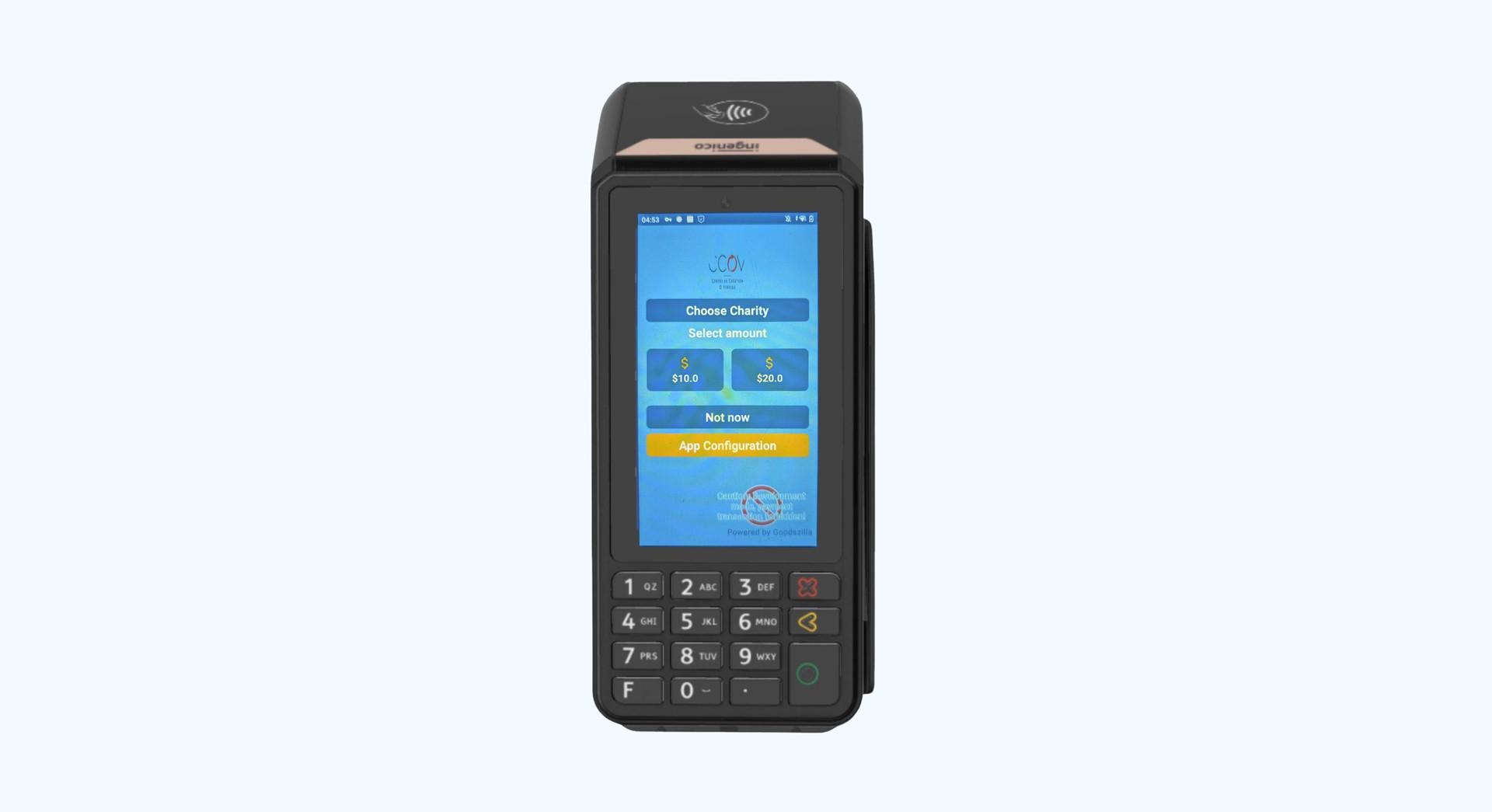 GoodZilla payment terminal screen asking the shopper to choose a charity and a donation amount, with a Not now button