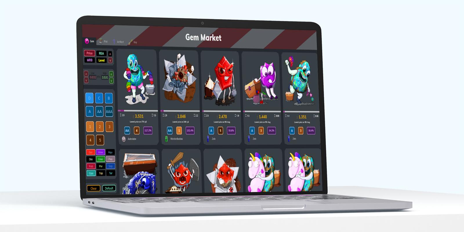 Página Gem Market de Cryptominer World en un portátil, con personajes de gemas, precios y botones de filtro