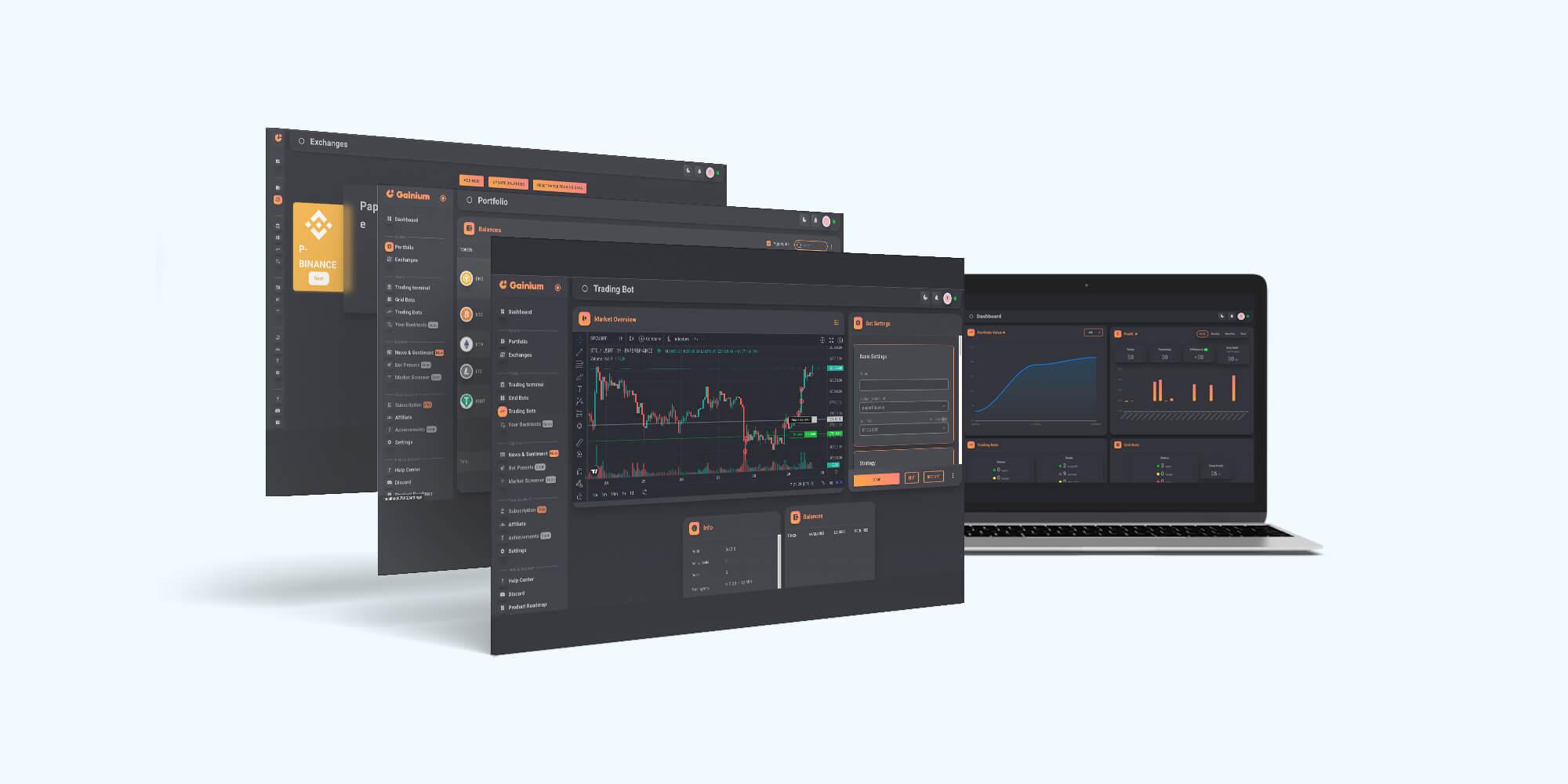 Gainium web app in dark theme: exchange connection, portfolio and trading bot screens, plus a dashboard on a laptop