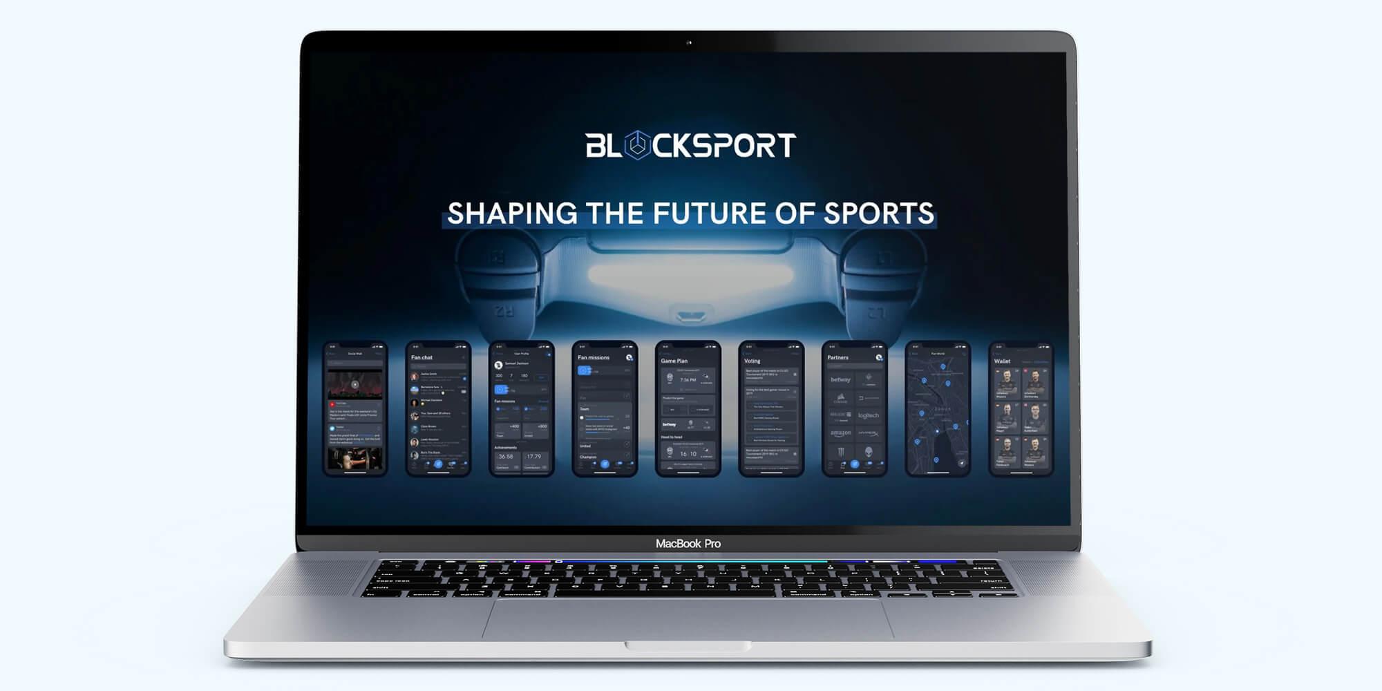 BlockSport logo and a row of nine dark-theme fan app screens shown on a laptop