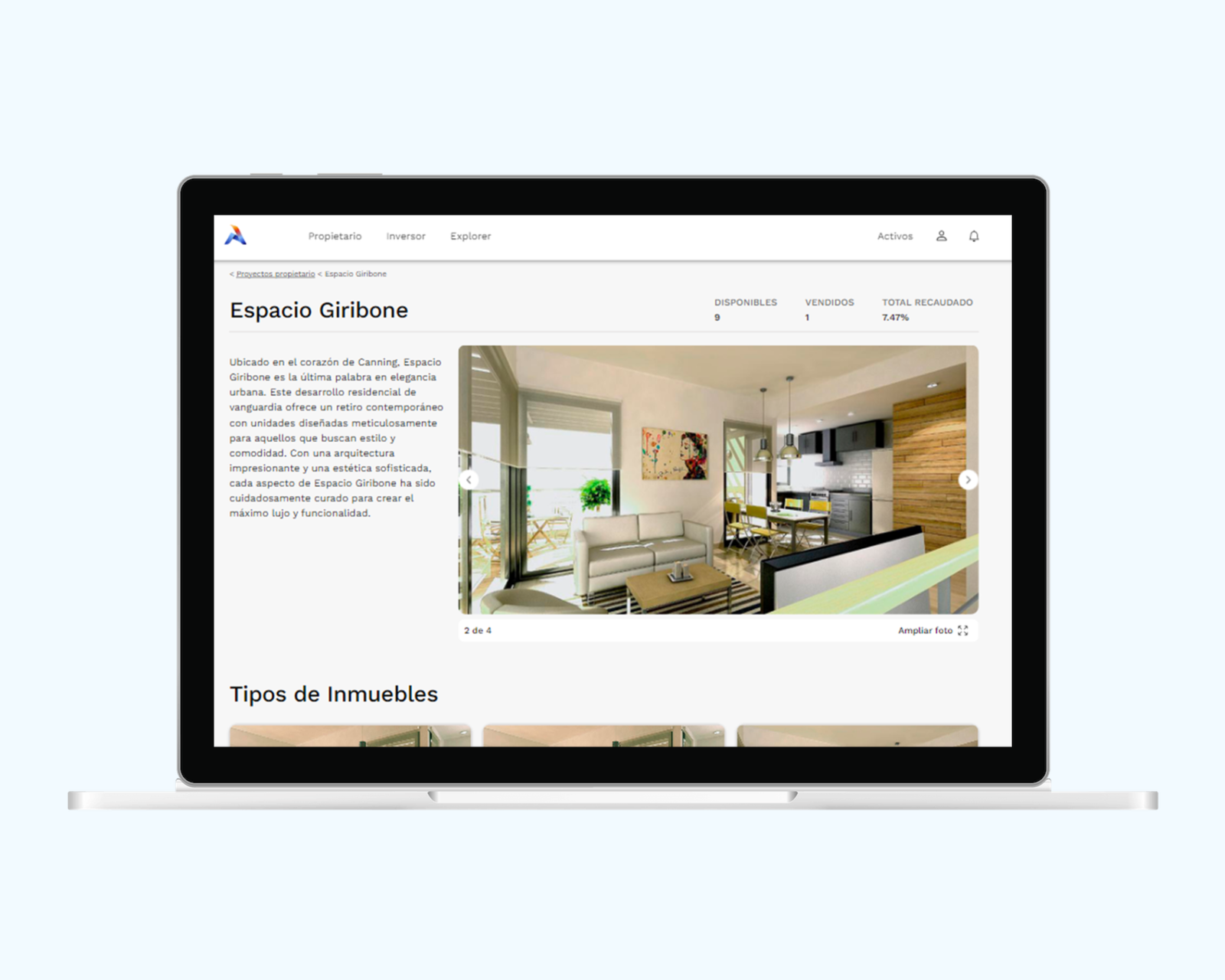 MiActivo page for one residential development, with a description, a photo of a furnished living room and sold-unit counters