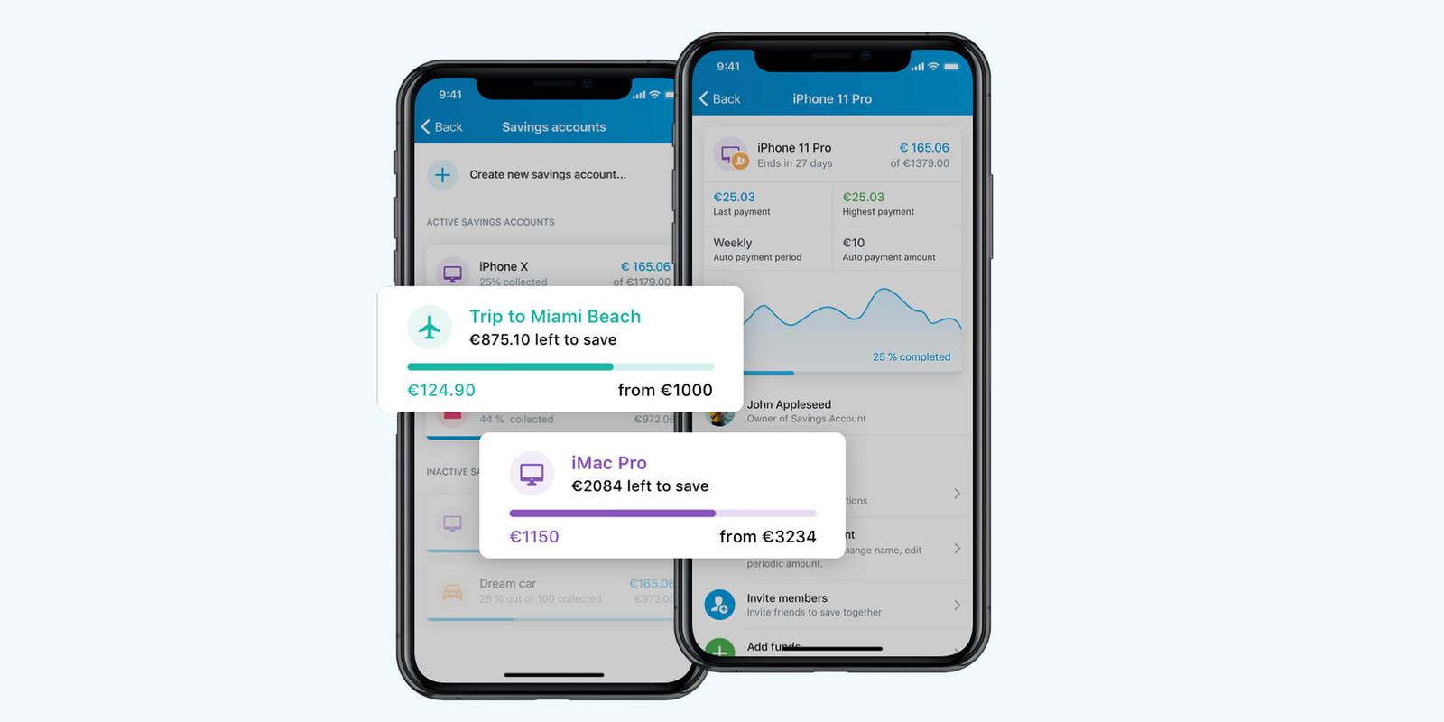 Two phones showing a payment app's savings accounts, with goal progress bars and a savings account detail screen