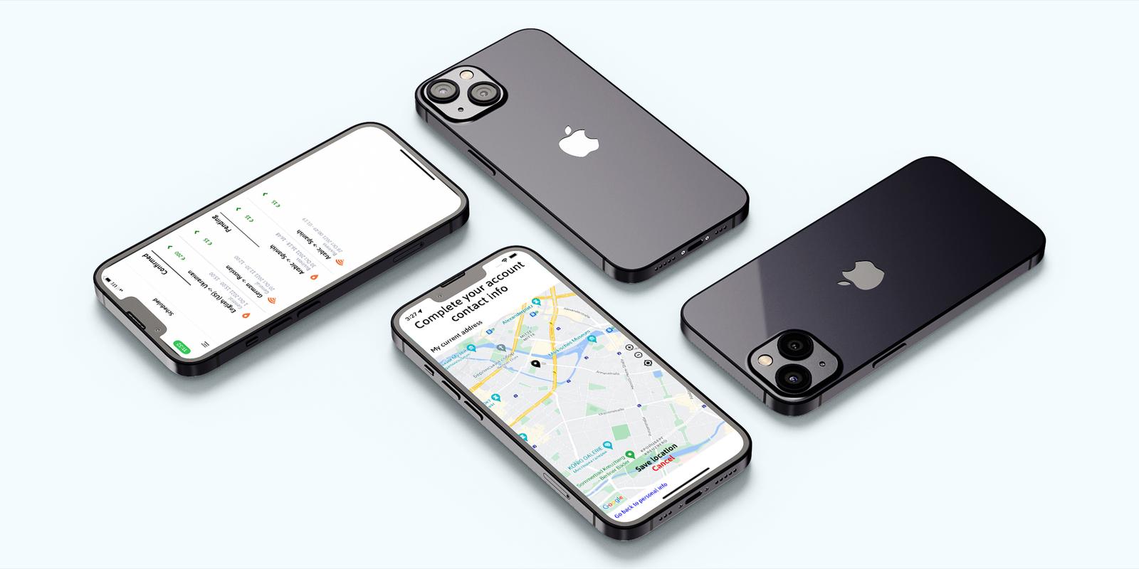 Translit mobile app on phones: a list of interpreting bookings and a map screen for saving a contact location