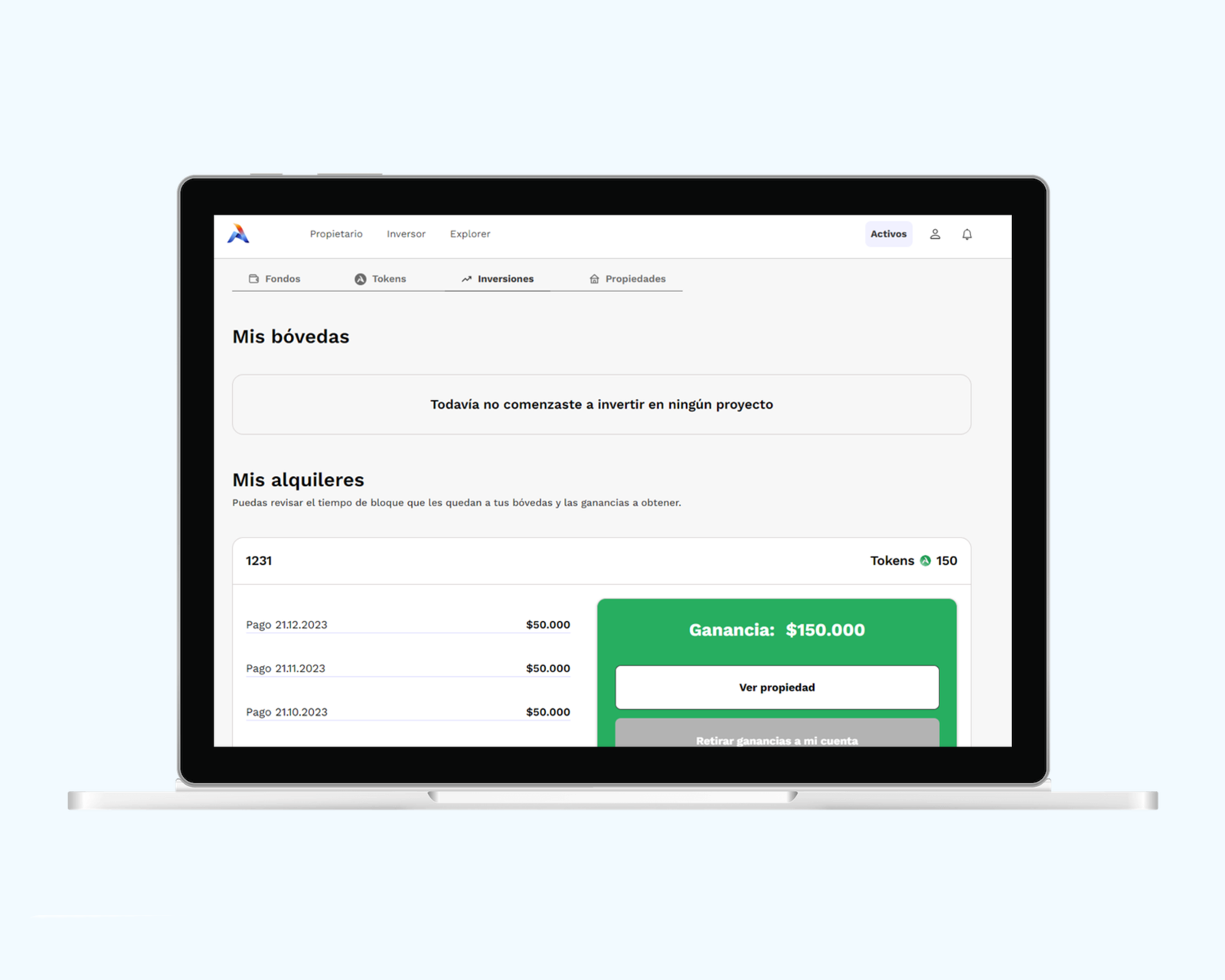 MiActivo investments tab with an empty vaults section and a rentals section listing monthly payments and a profit total