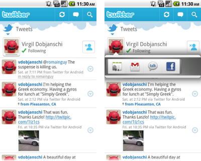 Dos capturas de pantalla de la aplicación Twitter para Android: los tweets de un usuario y la misma pantalla con una barra QuickContact abierta sobre el perfil, con los iconos de contacto, Gmail, Talk y Facebook